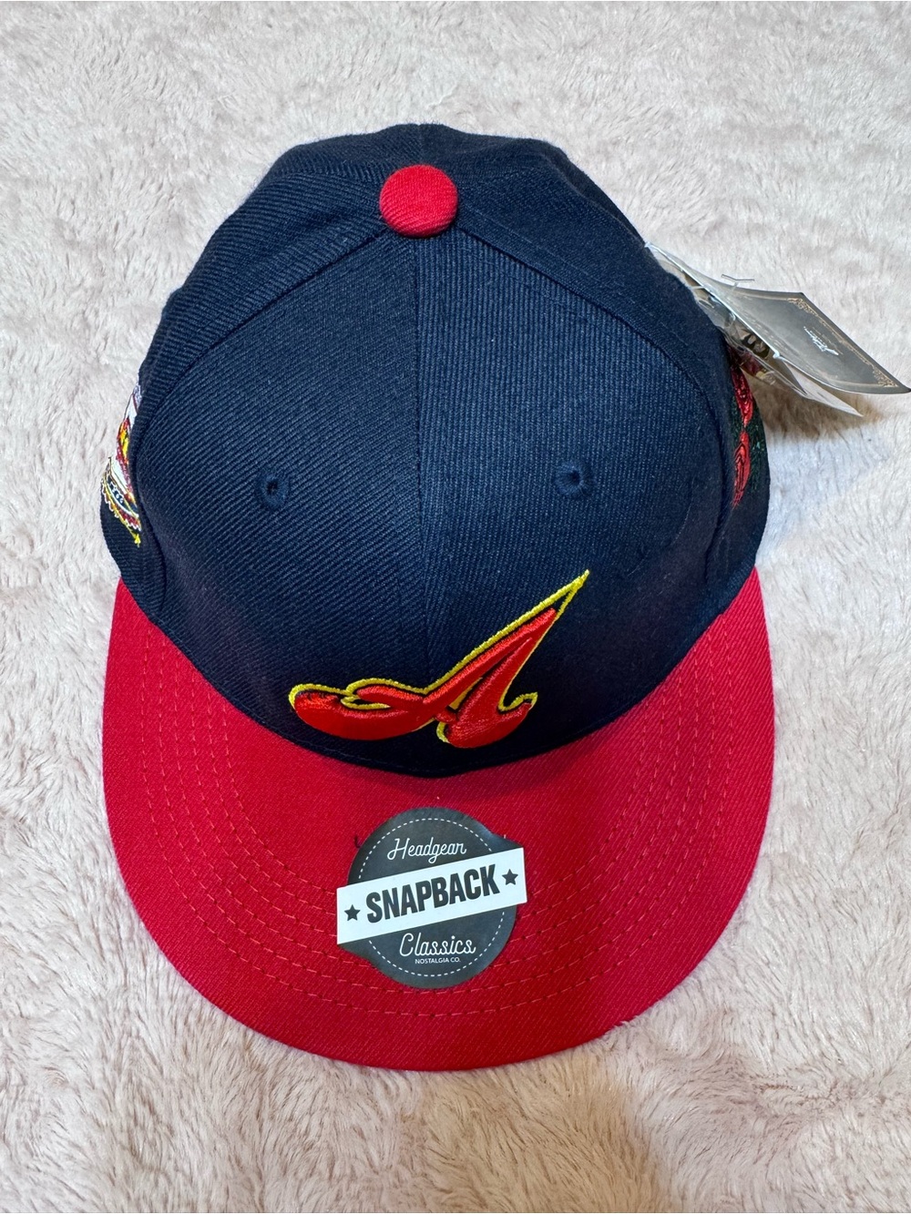 Embroidered Navy and Red Snapback Cap with Script A